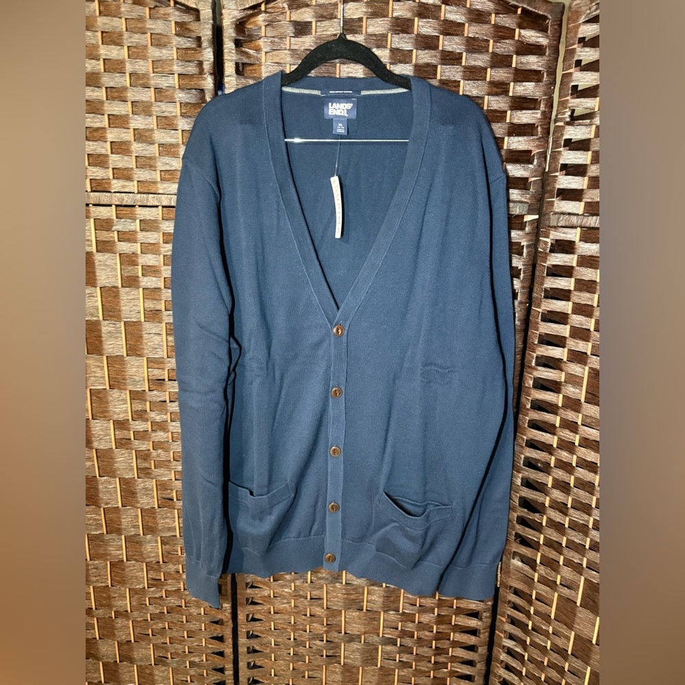 Lands’ End Men’s Supima Cotton Cardigan Sweater Navy Blue XL New With Tags